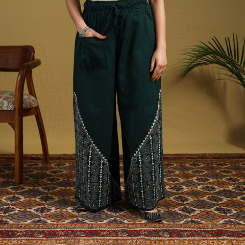  Green Cotton Bengal Kantha Hand Embroidery Palazzo