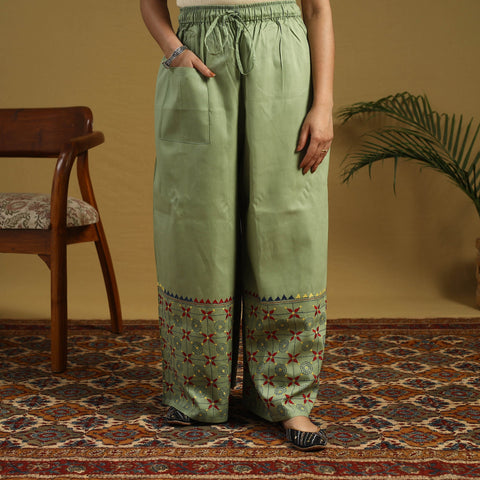 Green Cotton Bengal Kantha Hand Embroidery Palazzo