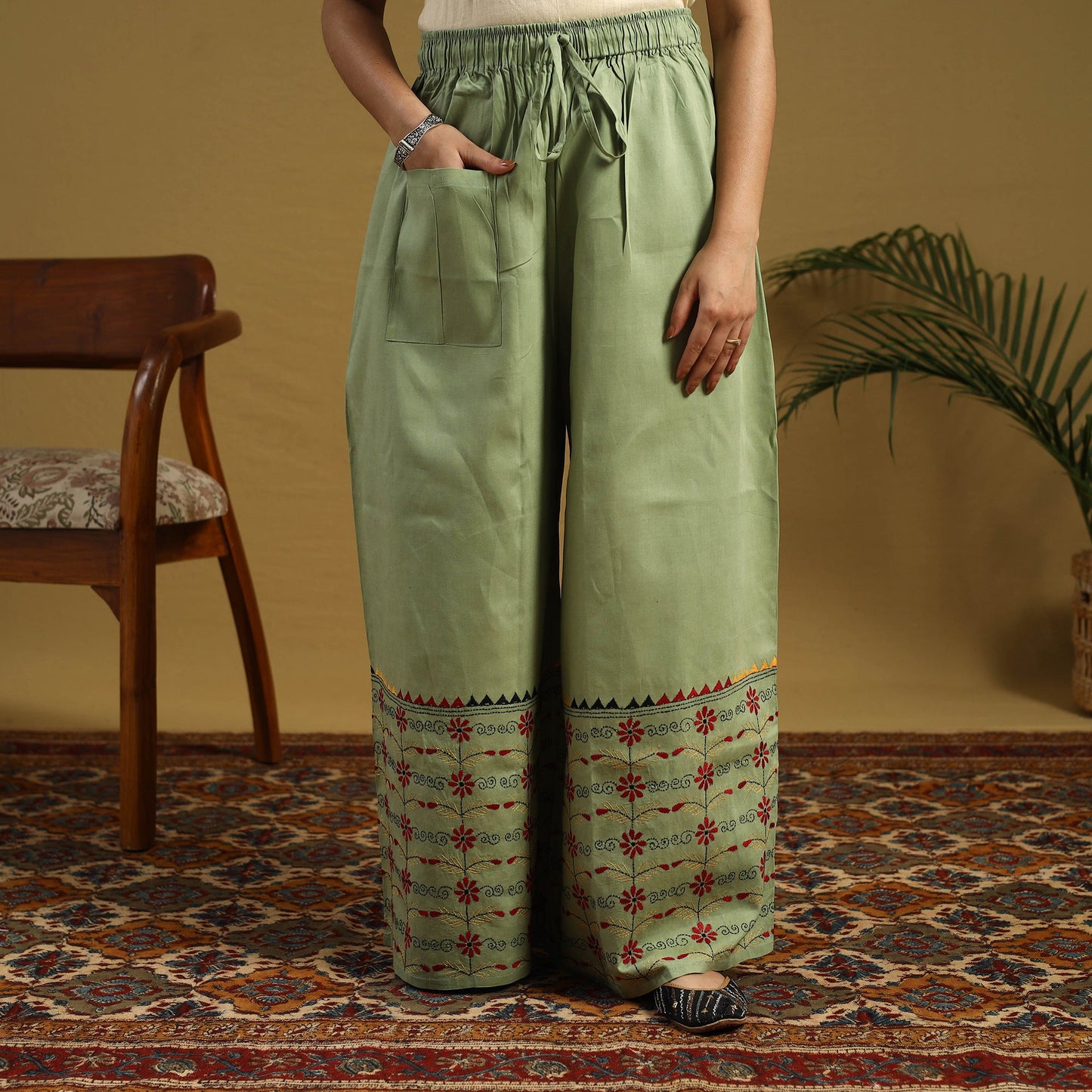 Buy Cotton Bengal Kantha Hand Embroidery Palazzo