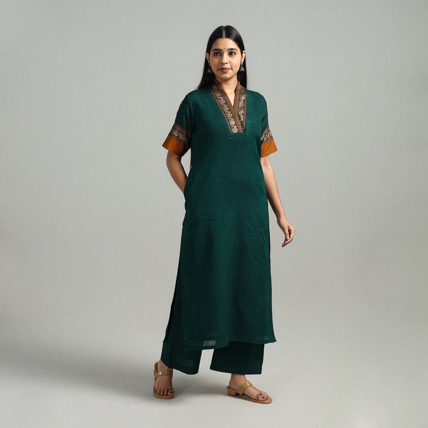  Green Cotton Dharwad Kurta Set with Palazzo & Dupatta