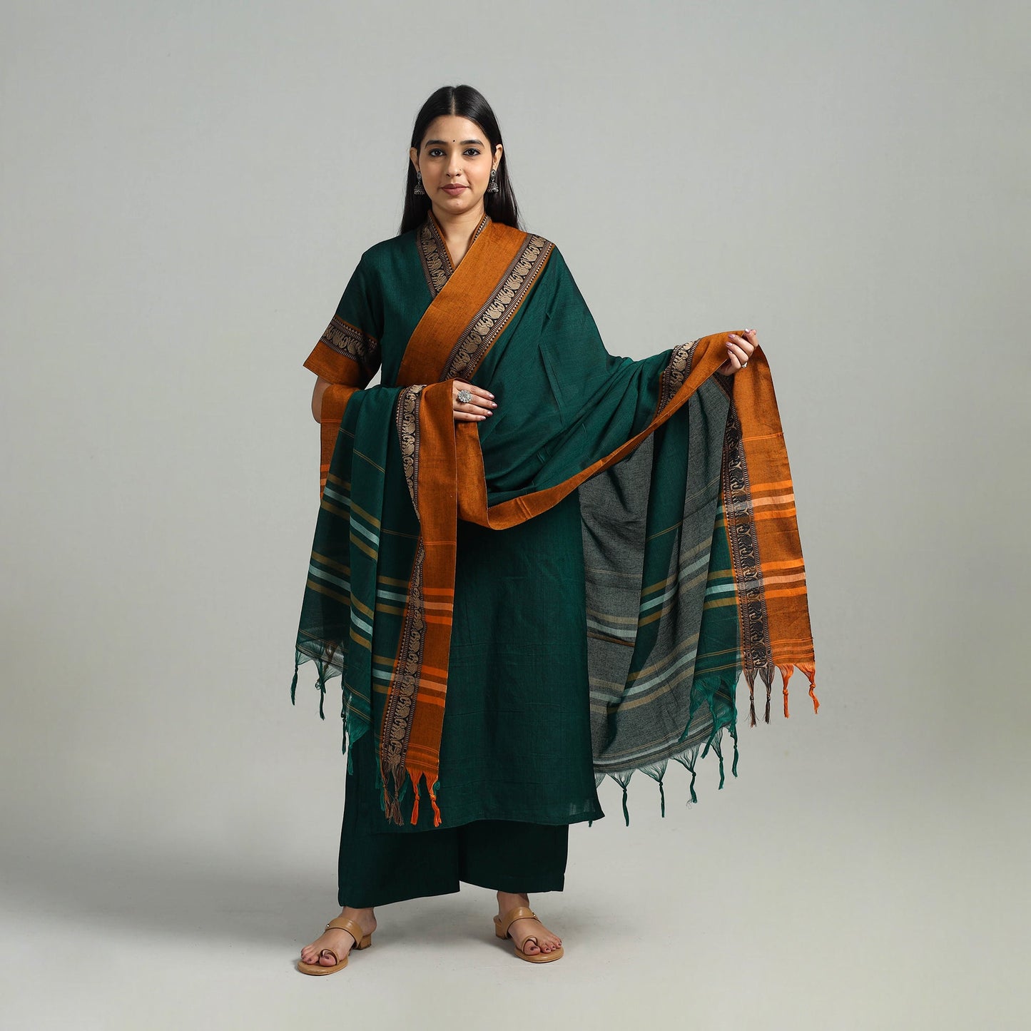  Green Cotton Dharwad Kurta Set with Palazzo & Dupatta