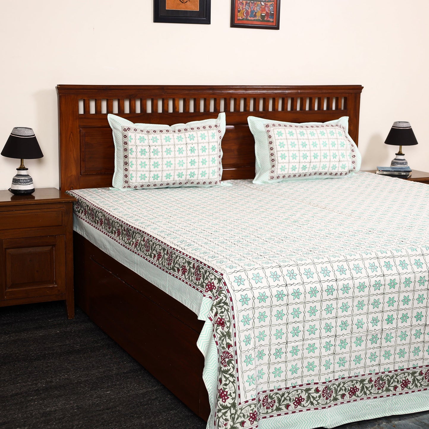 Green - Block Print Cotton Double Sanganeri Bed Sheet 34