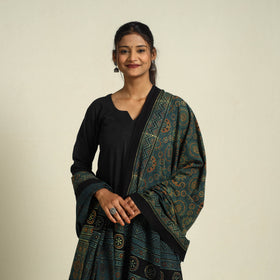 Buy Green Block Print Cotton Ajrakh Dupatta With Tassels