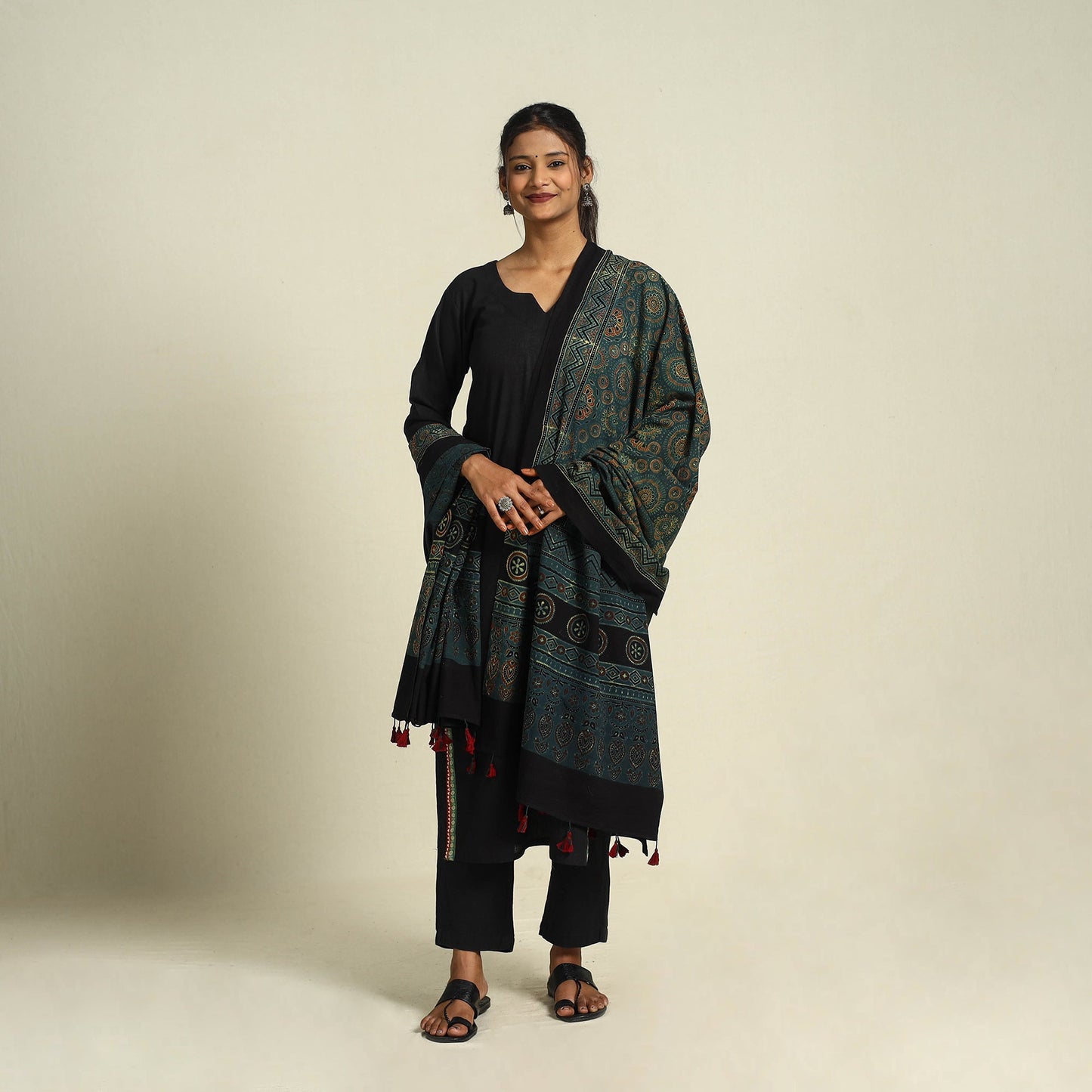 Buy Green Block Print Cotton Ajrakh Dupatta With Tassels