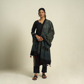 Buy Green Block Print Cotton Ajrakh Dupatta With Tassels