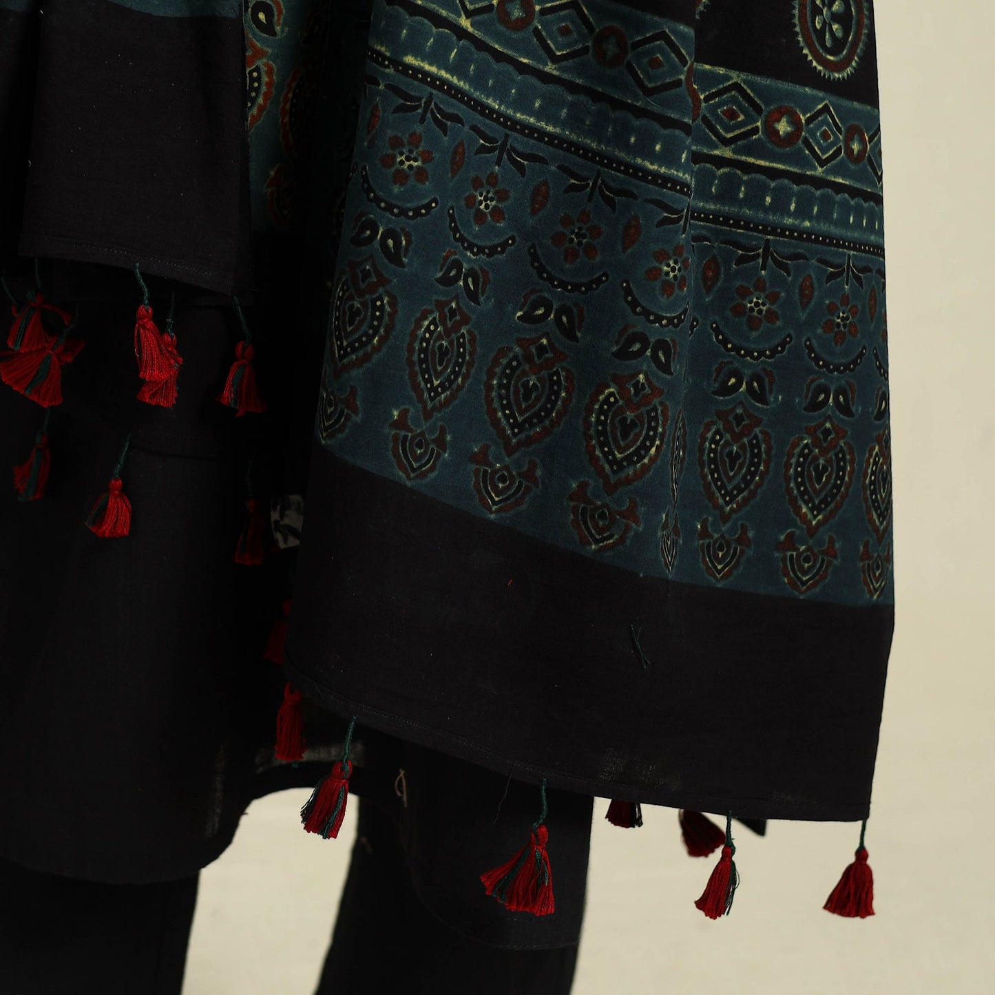 Buy Green Block Print Cotton Ajrakh Dupatta With Tassels