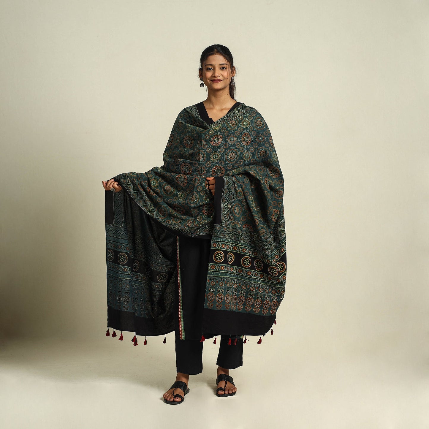 Buy Green Block Print Cotton Ajrakh Dupatta With Tassels