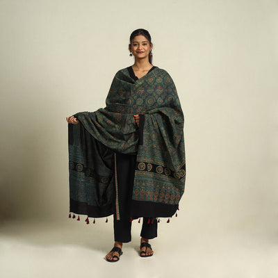 Buy Green Block Print Cotton Ajrakh Dupatta With Tassels