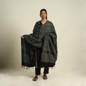 Buy Green Block Print Cotton Ajrakh Dupatta With Tassels