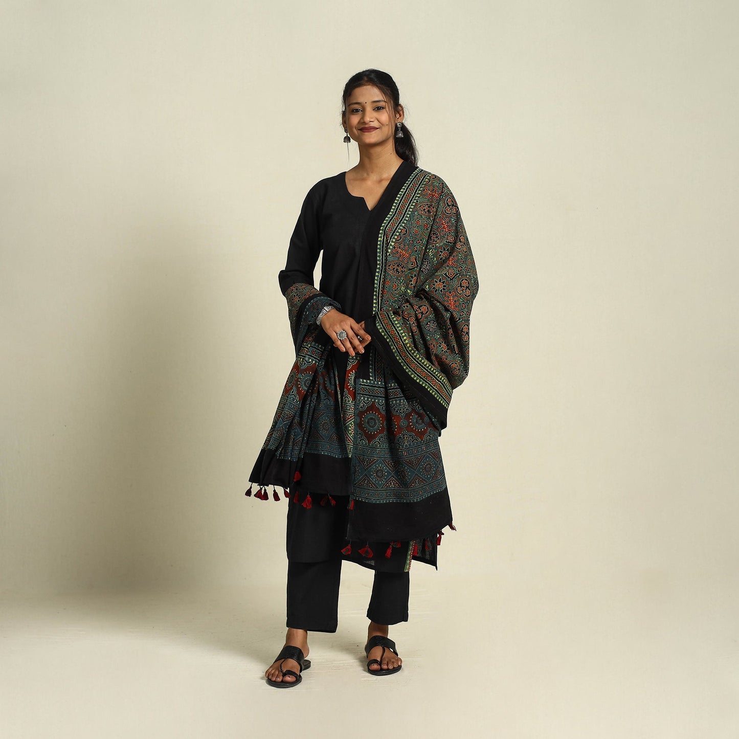 Buy Green Block Print Cotton Ajrakh Dupatta With Tassels