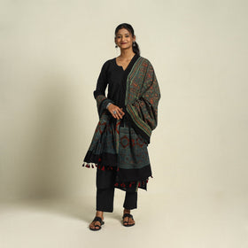 Buy Green Block Print Cotton Ajrakh Dupatta With Tassels
