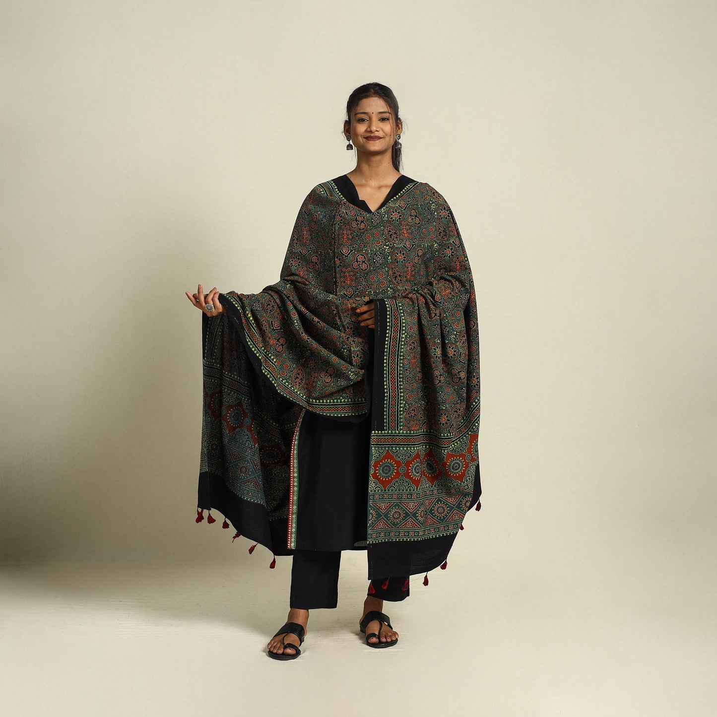 Buy Green Block Print Cotton Ajrakh Dupatta With Tassels