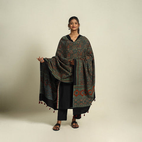 Buy Green Block Print Cotton Ajrakh Dupatta With Tassels