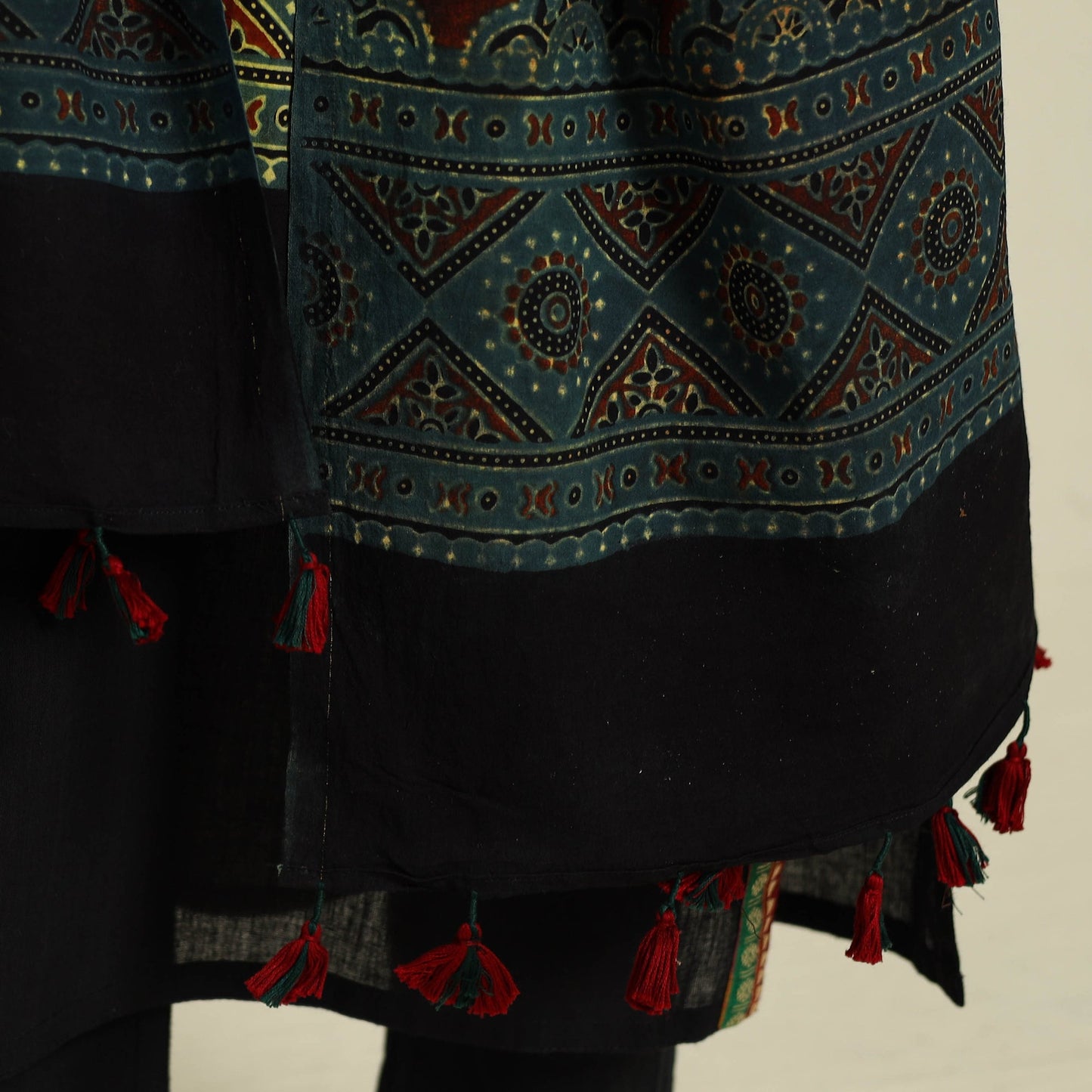 Buy Green Block Print Cotton Ajrakh Dupatta With Tassels