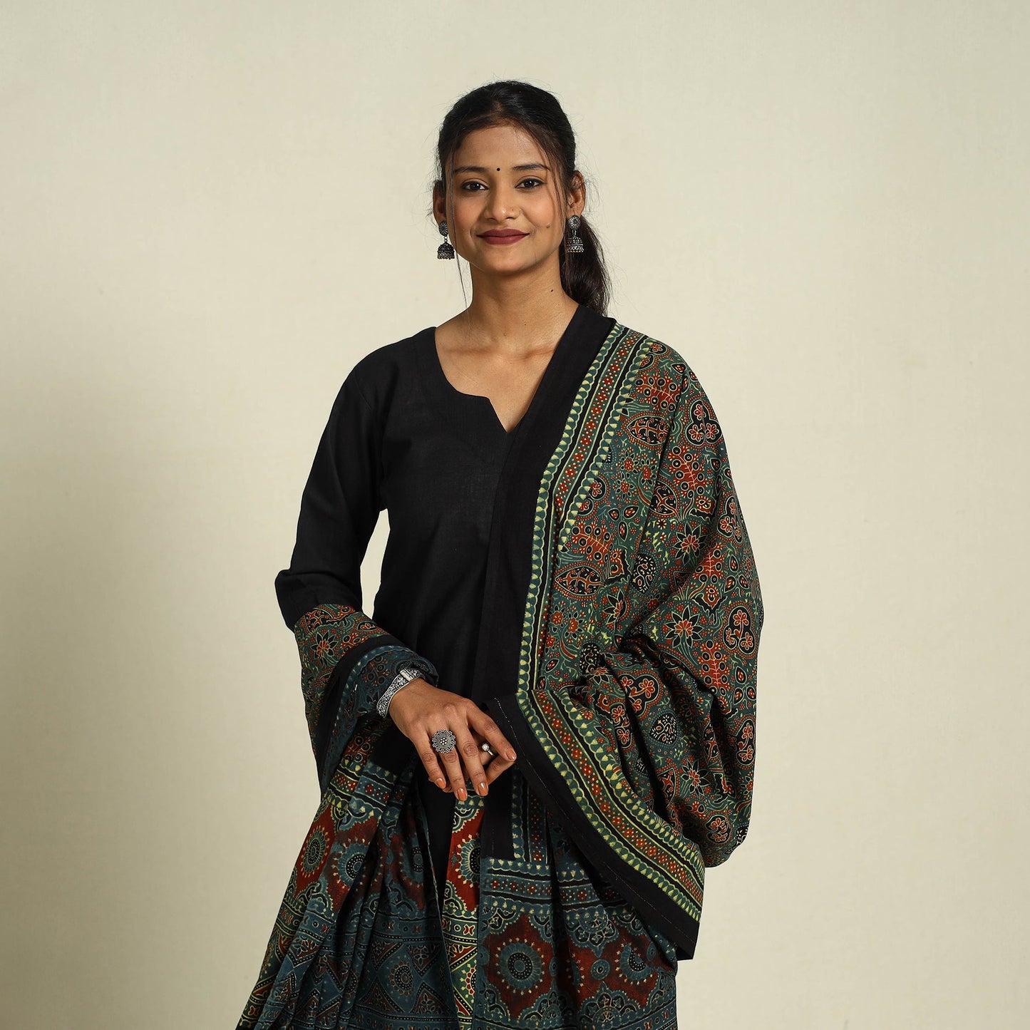 Buy Green Block Print Cotton Ajrakh Dupatta With Tassels