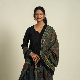 Buy Green Block Print Cotton Ajrakh Dupatta With Tassels