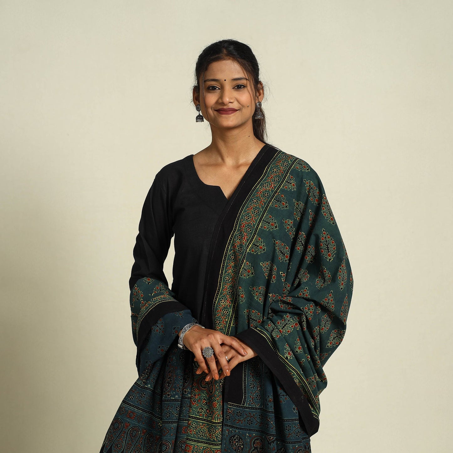 Buy Green Block Print Cotton Ajrakh Dupatta With Tassels