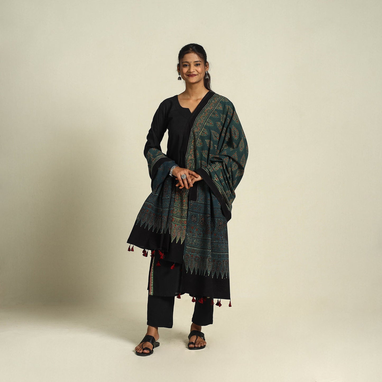 Buy Green Block Print Cotton Ajrakh Dupatta With Tassels