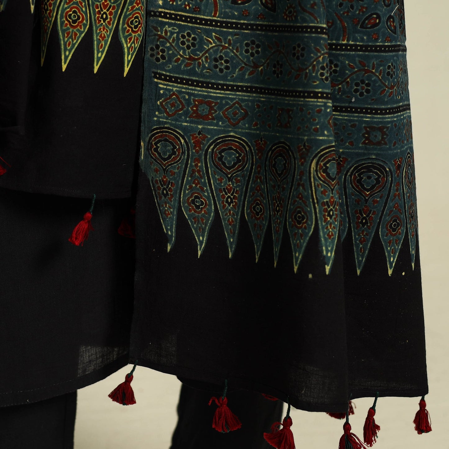 Buy Green Block Print Cotton Ajrakh Dupatta With Tassels