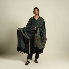 Buy Green Block Print Cotton Ajrakh Dupatta With Tassels