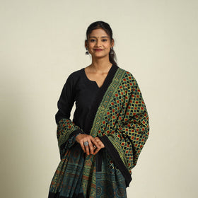 Buy Green Block Print Cotton Ajrakh Dupatta With Tassels