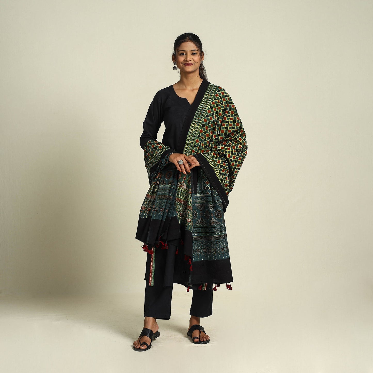Buy Green Block Print Cotton Ajrakh Dupatta With Tassels