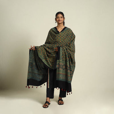 Buy Green Block Print Cotton Ajrakh Dupatta With Tassels