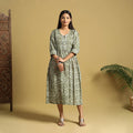 Green Cotton Flared Hand Batik Print Dress