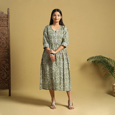 Green Cotton Flared Hand Batik Print Dress