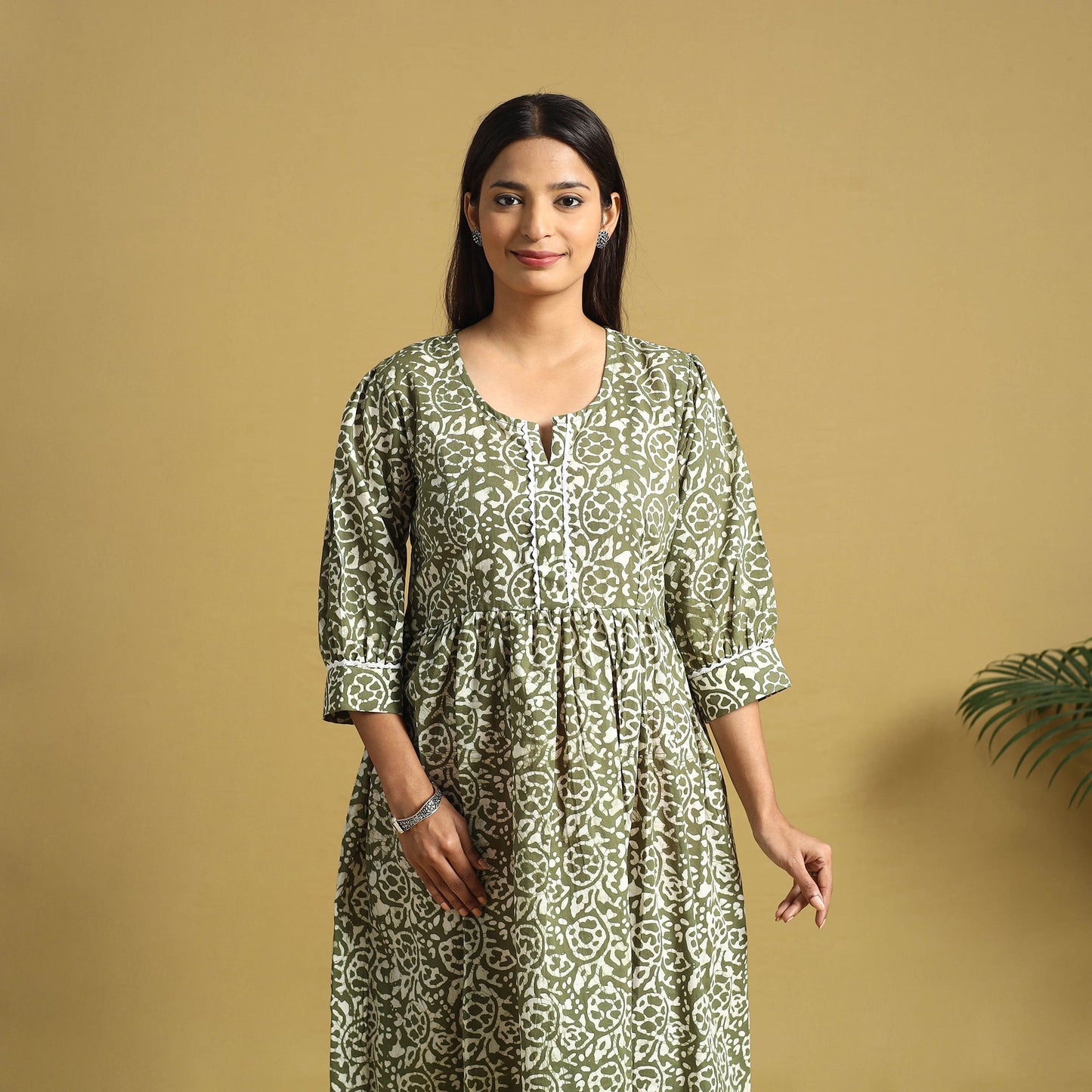 Green Cotton Flared Hand Batik Print Dress