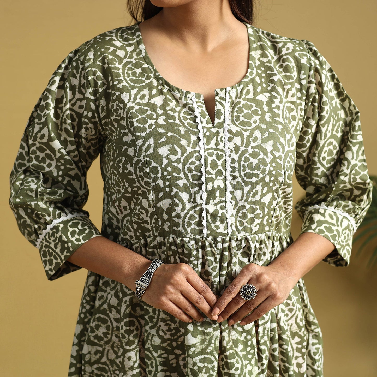Green Cotton Flared Hand Batik Print Dress