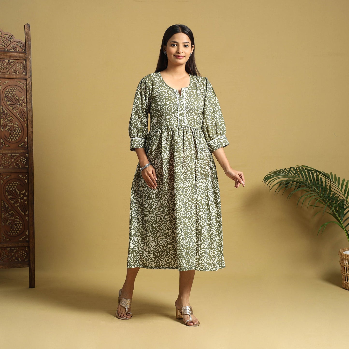 Green Cotton Flared Hand Batik Print Dress