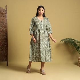 Green Cotton Flared Hand Batik Print Dress