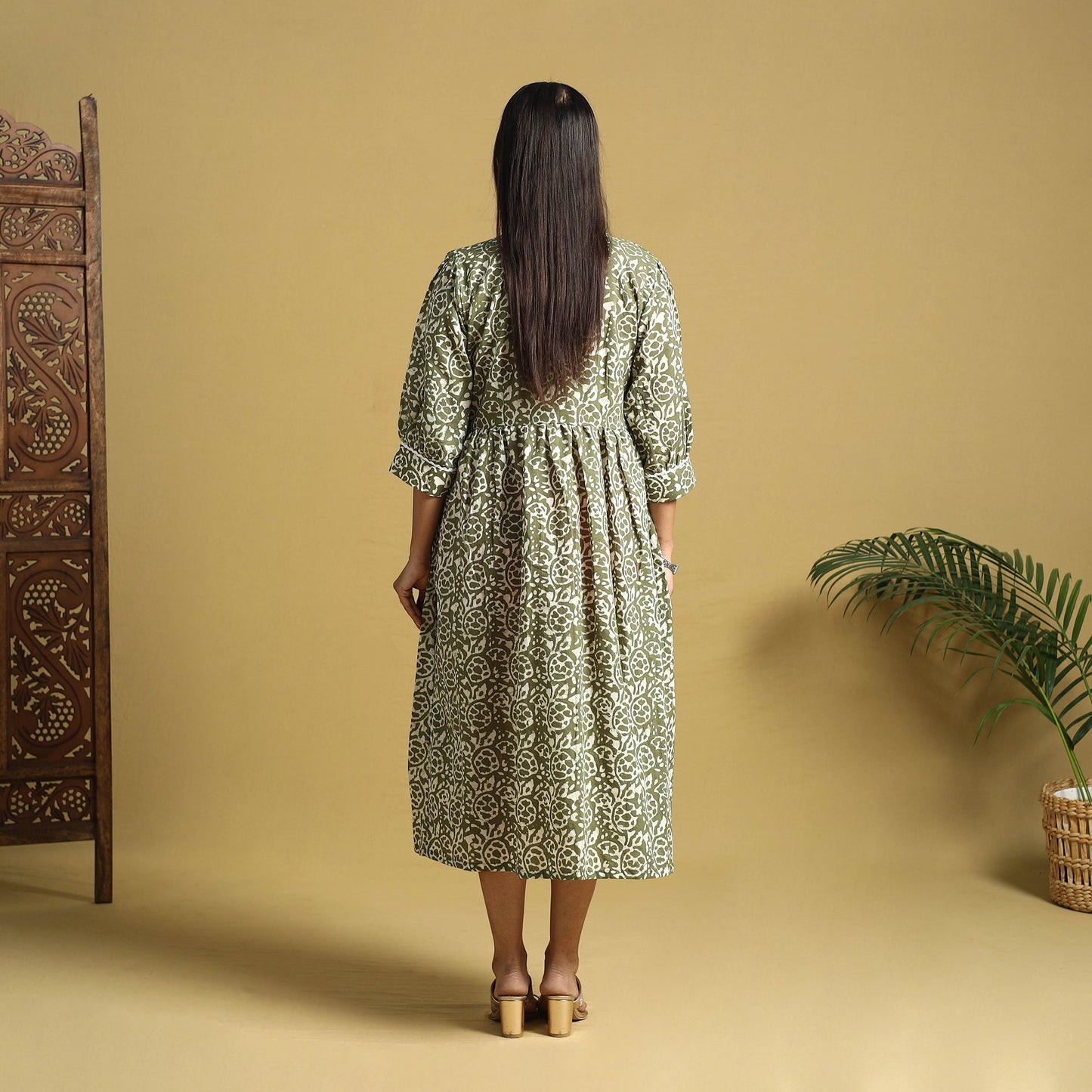 Green Cotton Flared Hand Batik Print Dress