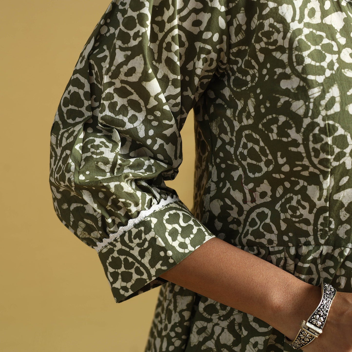 Green Cotton Flared Hand Batik Print Dress