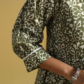 Green Cotton Flared Hand Batik Print Dress