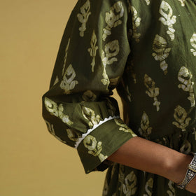 Green Cotton Flared Hand Batik Print Dress