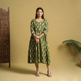 Green Cotton Flared Hand Batik Print Dress