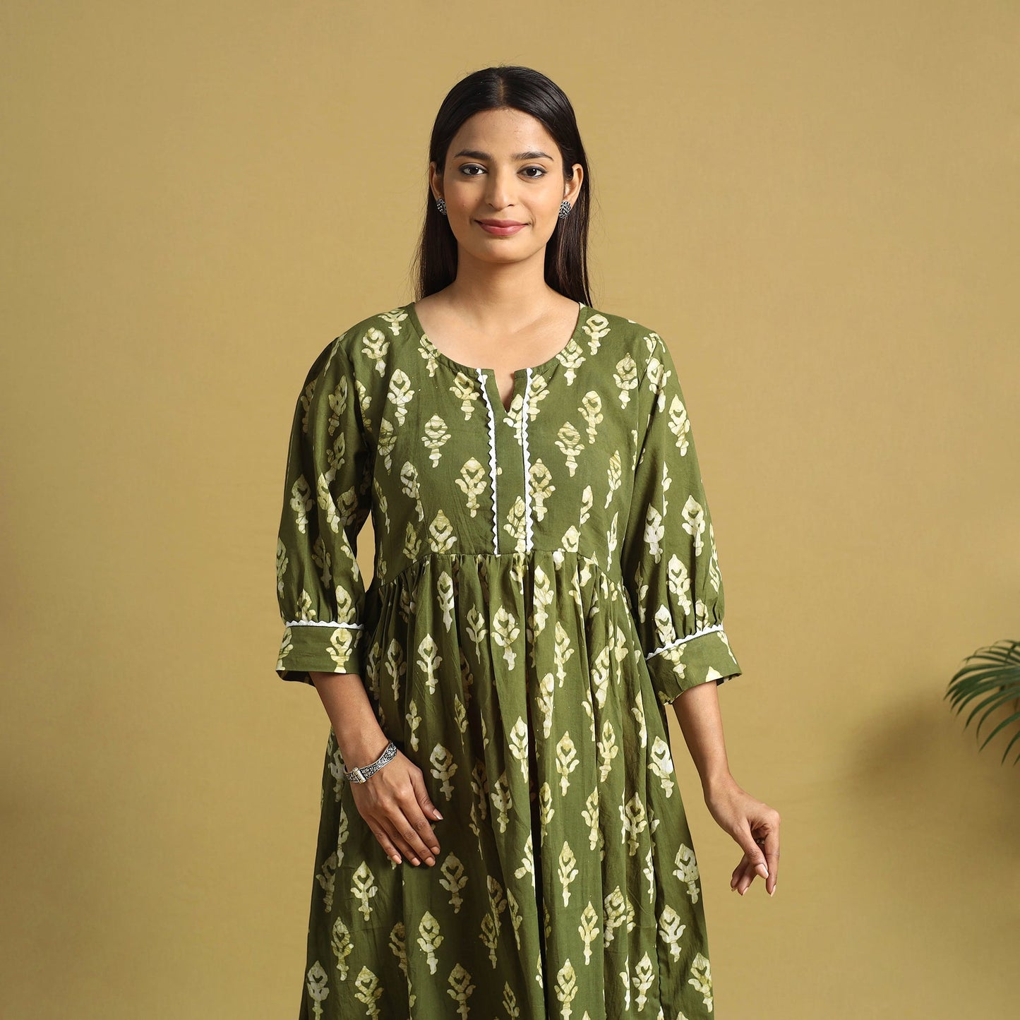 Green Cotton Flared Hand Batik Print Dress