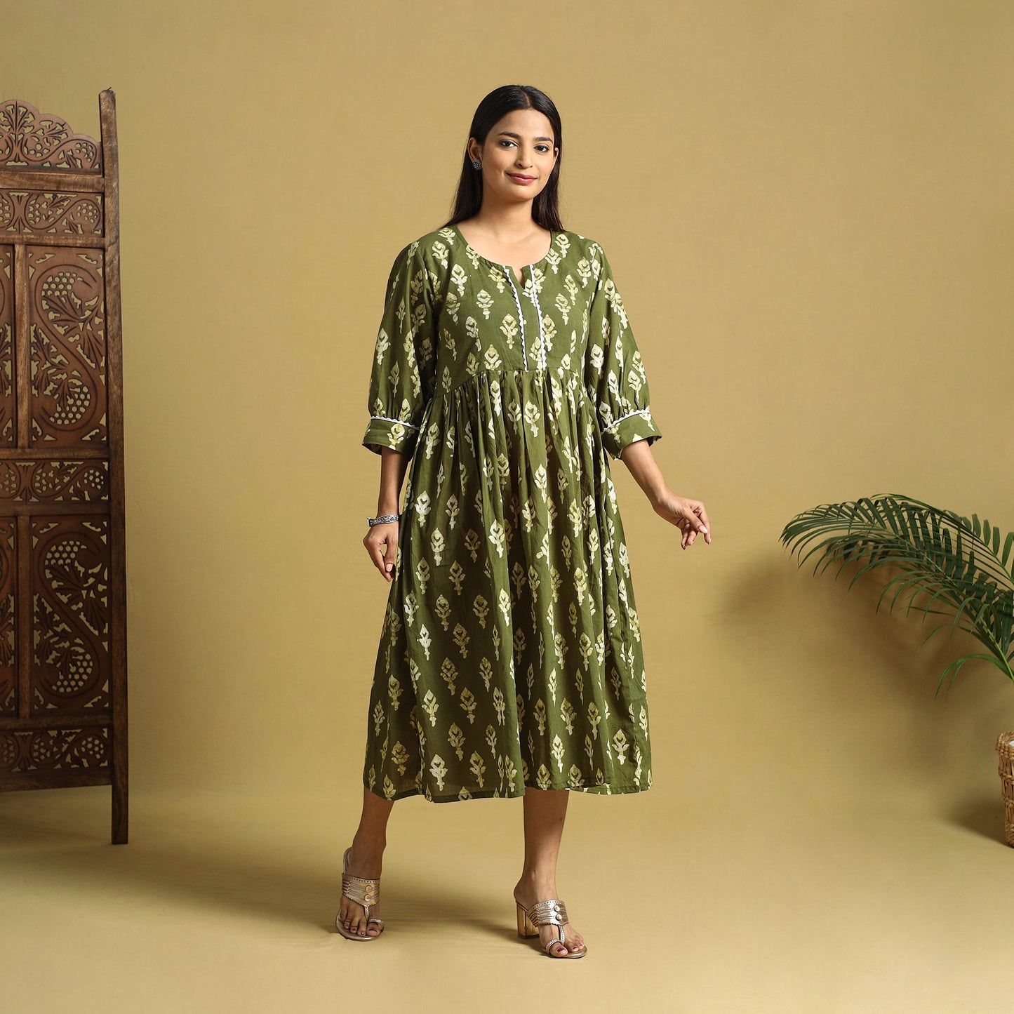Green Cotton Flared Hand Batik Print Dress