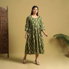 Green Cotton Flared Hand Batik Print Dress