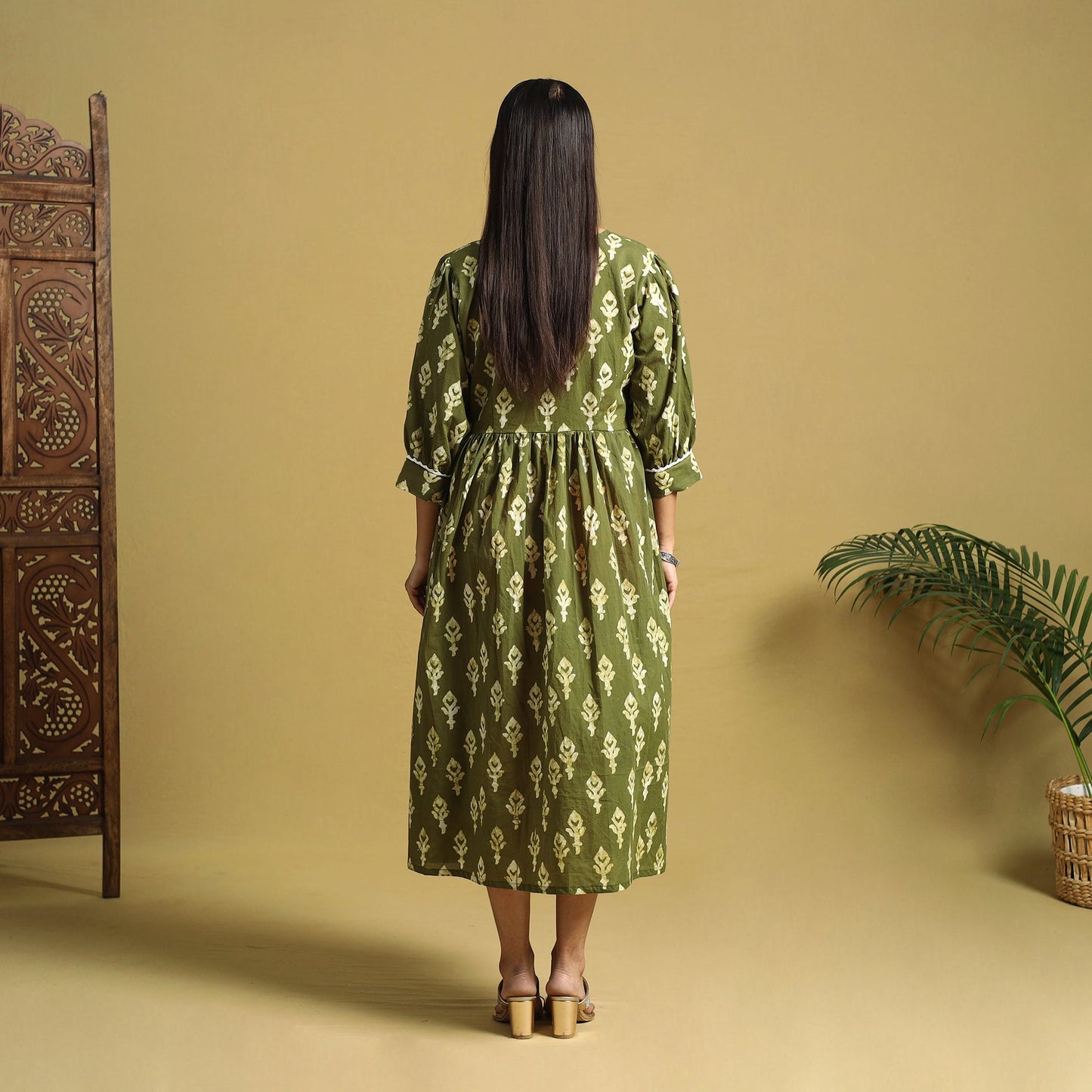 Green Cotton Flared Hand Batik Print Dress