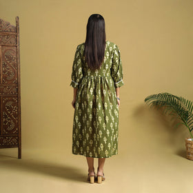 Green Cotton Flared Hand Batik Print Dress