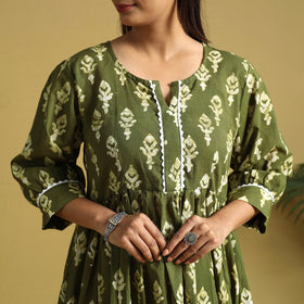 Green Cotton Flared Hand Batik Print Dress