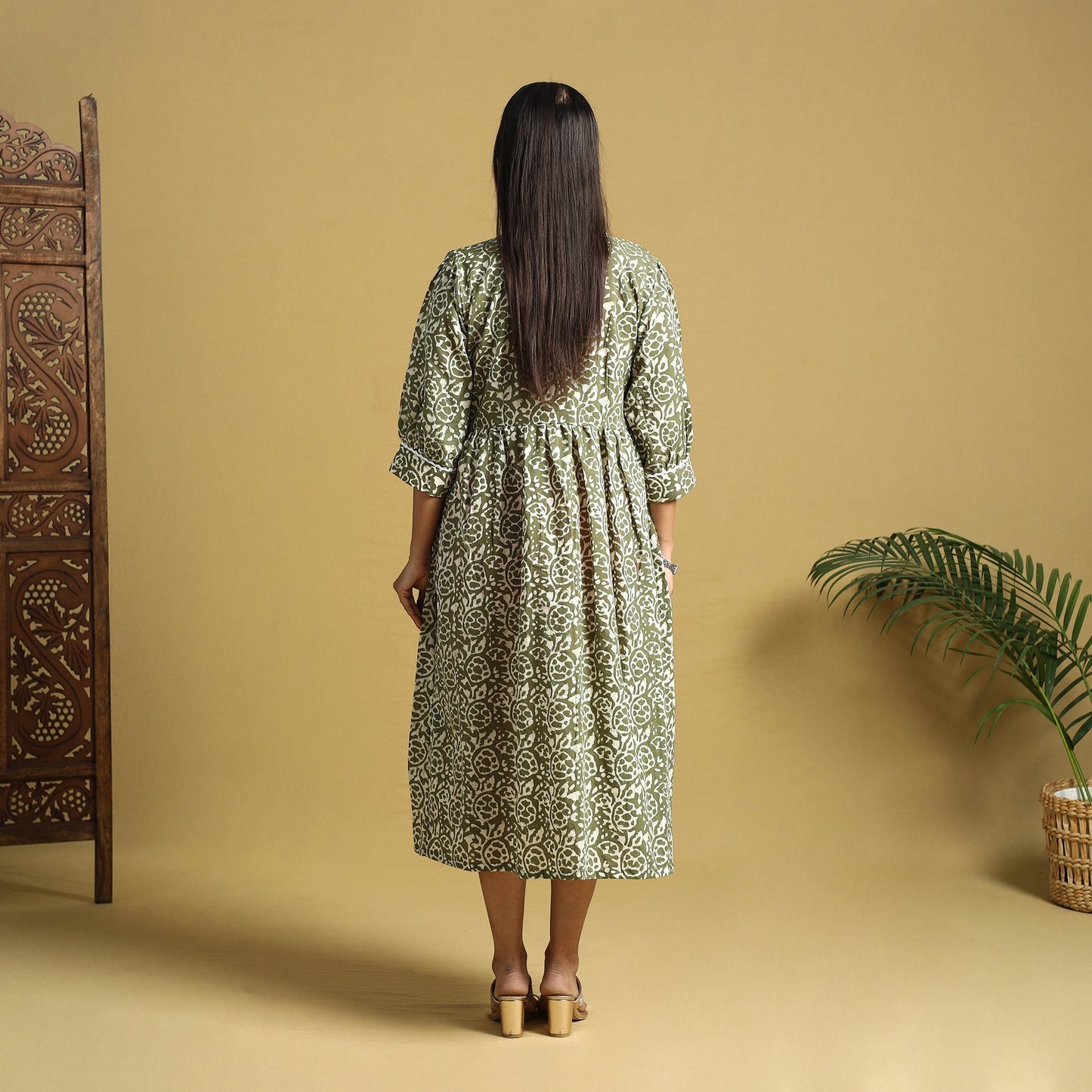 Green Cotton Flared Hand Batik Print Dress
