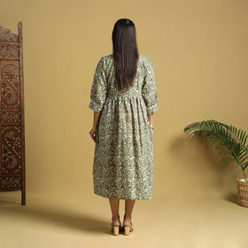 Green Cotton Flared Hand Batik Print Dress