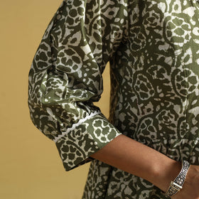 Green Cotton Flared Hand Batik Print Dress