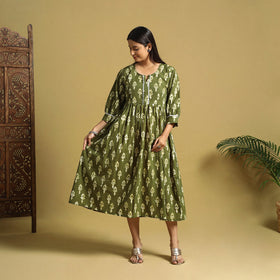 Green Cotton Flared Hand Batik Print Dress