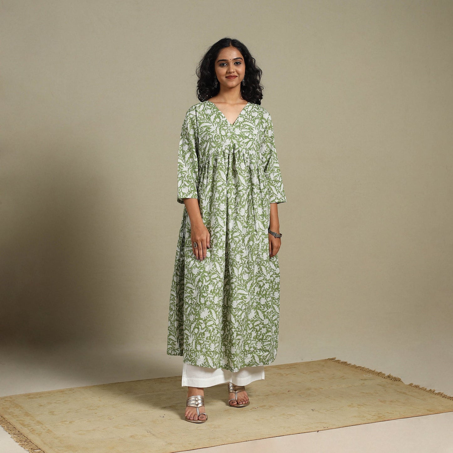 Green - cotton flared sanganeri kurta 12 - s - handcrafted