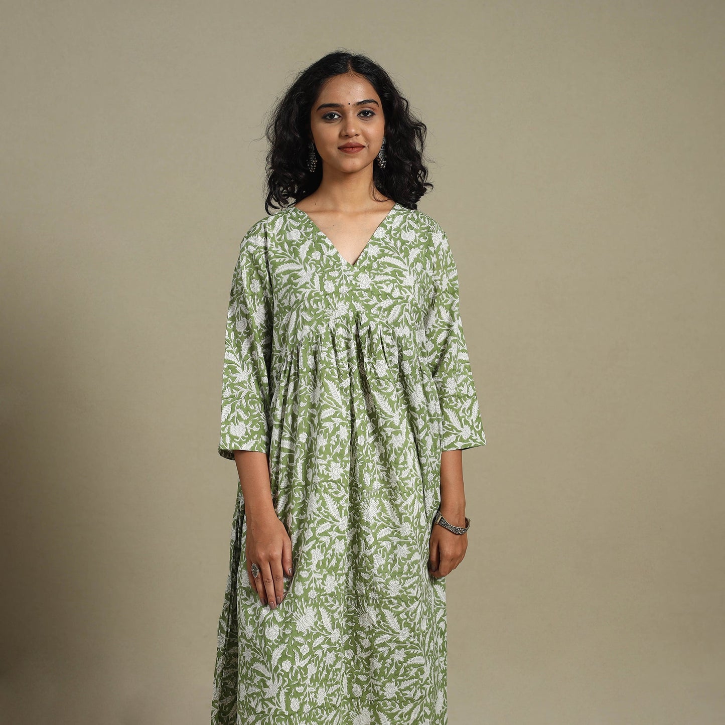 Green - cotton flared sanganeri kurta 12 - s - handcrafted